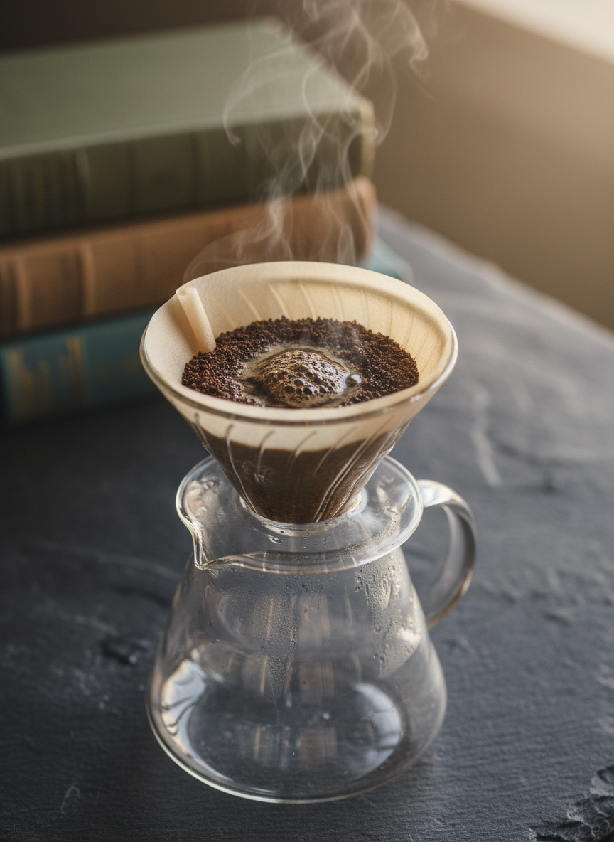 A close-up of a pour-over coffee setup: a glass carafe with a conical dripper and a pale, textured paper filter, captured mid-bloom as hot water darkens freshly ground beans. The rig sits on a slate-grey stone countertop, with neatly stacked hardback books in muted tones extending into the softly blurred background. Late-afternoon golden light enters from the right, tracing delicate highlights along the glass rim and forming gentle steam trails. Photographic realism with a slightly elevated angle and shallow depth of field, creating a serene, almost meditative feeling that suggests slow, thoughtful rituals and deep reflection.