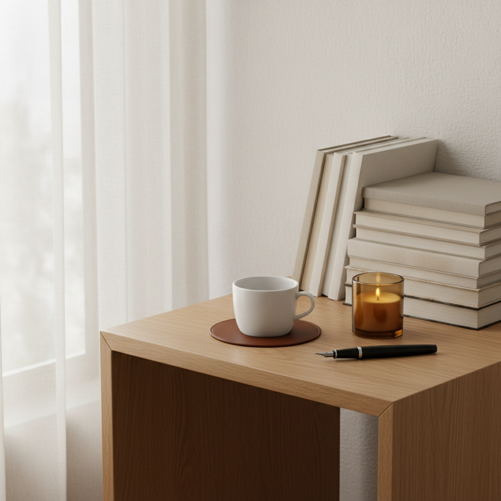 A minimalist corner of a living room featuring a low, oak side table holding a single, smooth white ceramic coffee cup on a dark leather coaster, beside a small, amber glass candle and a slim, black fountain pen. Behind, a tall stack of neutral-toned books leans against a textured off-white wall. Overcast window light diffuses through sheer curtains, creating soft, even illumination with barely-there shadows. Photographic realism, captured from a three-quarter perspective with balanced negative space, evoking quiet introspection, sophisticated calm, and space for slow, thoughtful reading and writing.